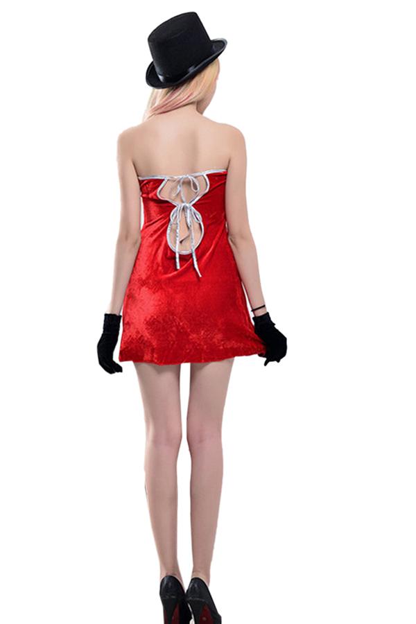 Womens Off Shoulder Lip Printed Cut Out Christmas Santa Costume Red-Pinkami