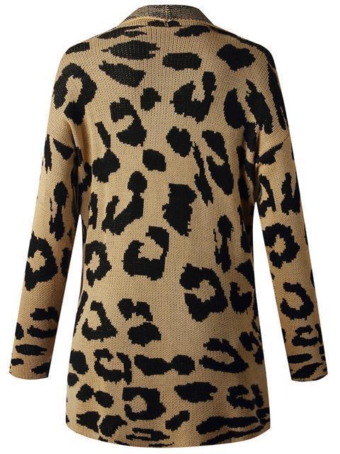 Leopard Long Sleeve Lapel Sweaters Coat-Pinkami