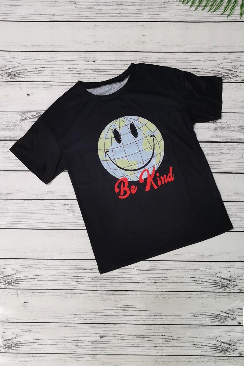 Smile Face & Letter Print Round Neck T-Shirt-Pinkami