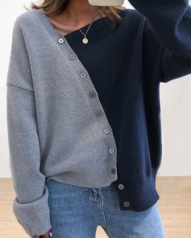 Two Tone Button Detail Asymmetrical Neck Sweater-Pinkami