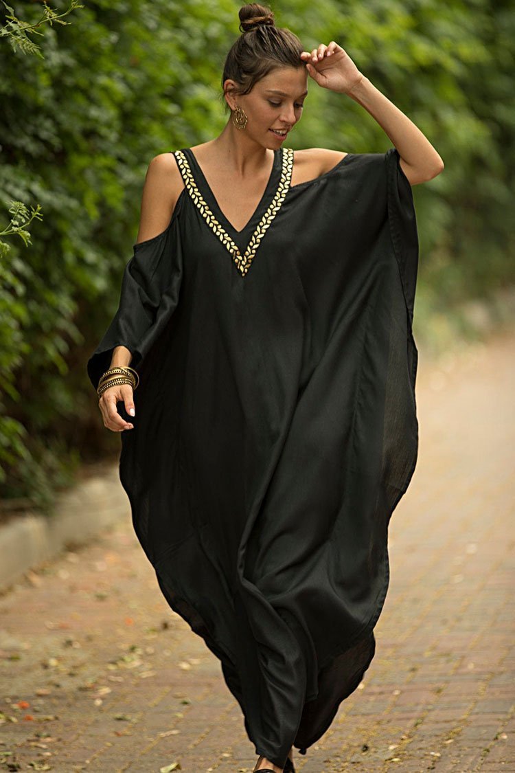 Leaf Embroidered V Neck Cold Shoulder Maxi Caftan Cover Up-Pinkami