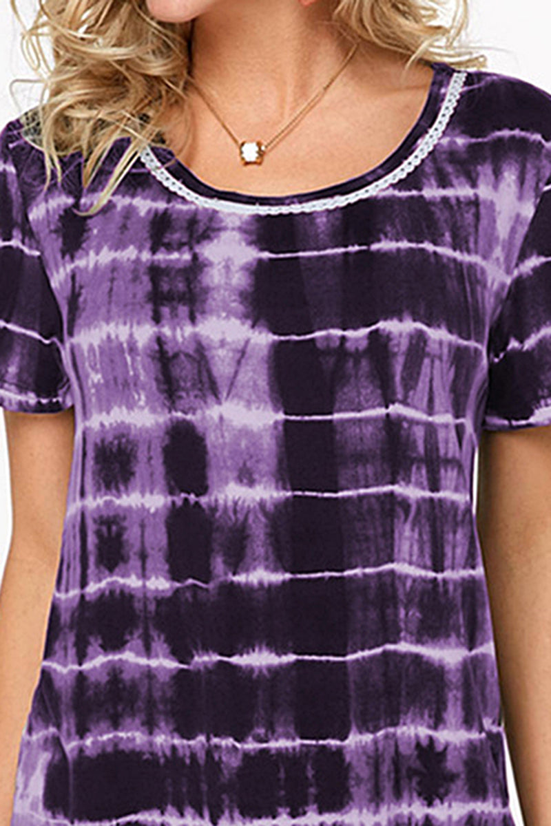 Ombre Lace Insert Round Neck T-Shirt-Pinkami