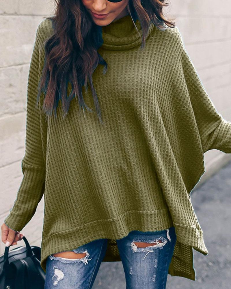 Solid Split Hem High Neck Sweater-Pinkami