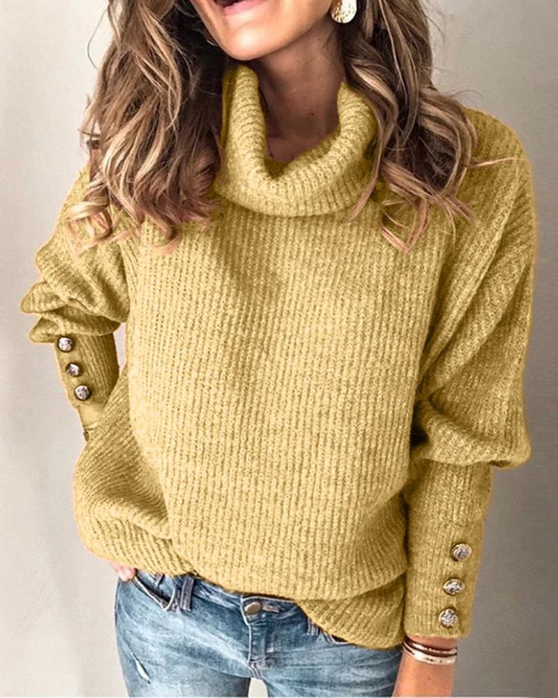 Solid Button Detail Ribbed High Neck Sweater-Pinkami