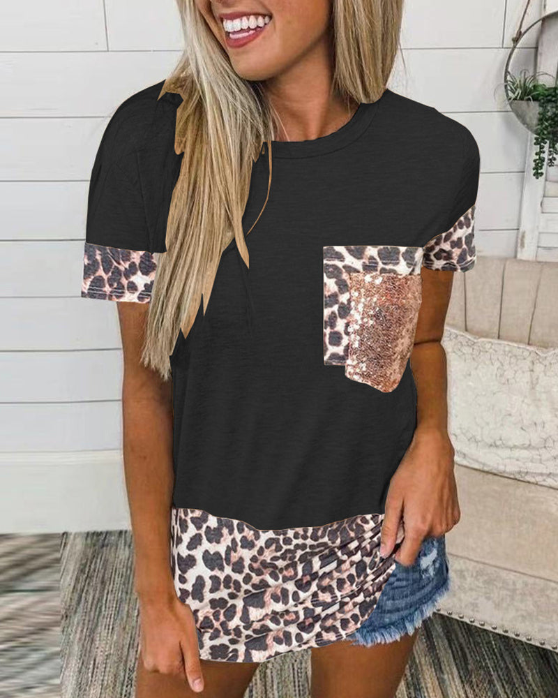 Contrast Leopard Sequin Patched Pocket T-Shirt-Pinkami