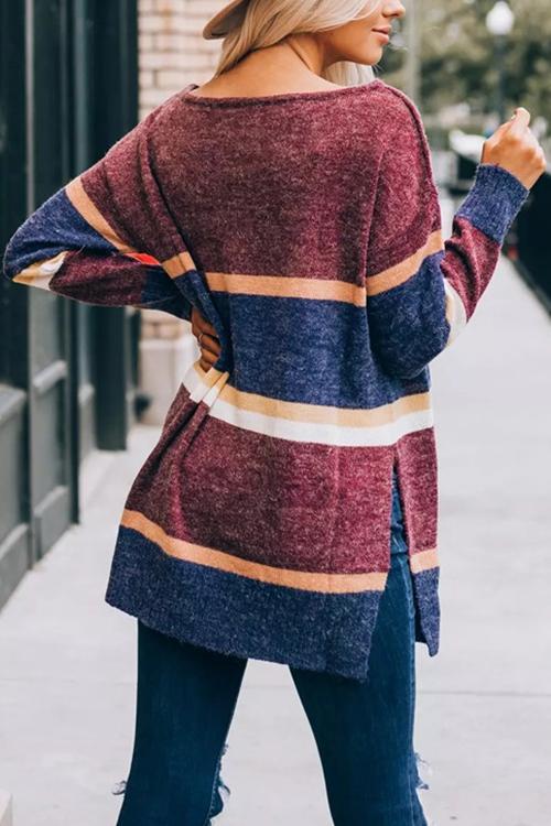 Loose Colorblock Split Round Neck Sweater-Pinkami