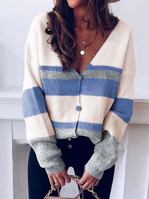 V-neck Button Stripe Sweater Cardigan-Pinkami