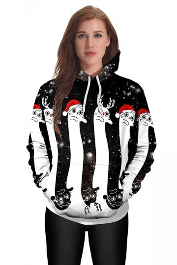 Womens Kangaroo Pocket Reindeer Printed Christmas Hoodie Dull Black-Pinkami
