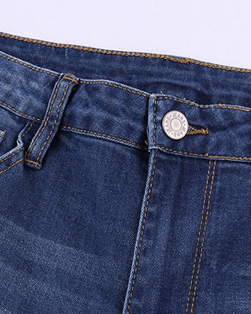 Women Plaid & Leopard Patch Insert High Waist Crop Jeans-Pinkami