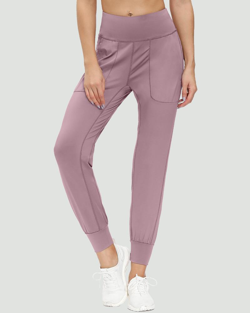 Slant Pocket Wide Waistband Elastic Hem Sports Leggings For Women-Pinkami