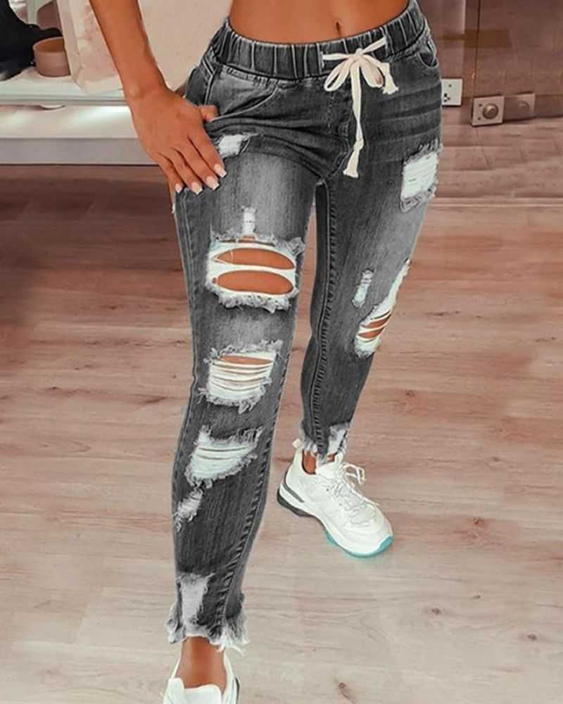 Women Plus Extreme Distressed Drawstring Waist Jeans-Pinkami