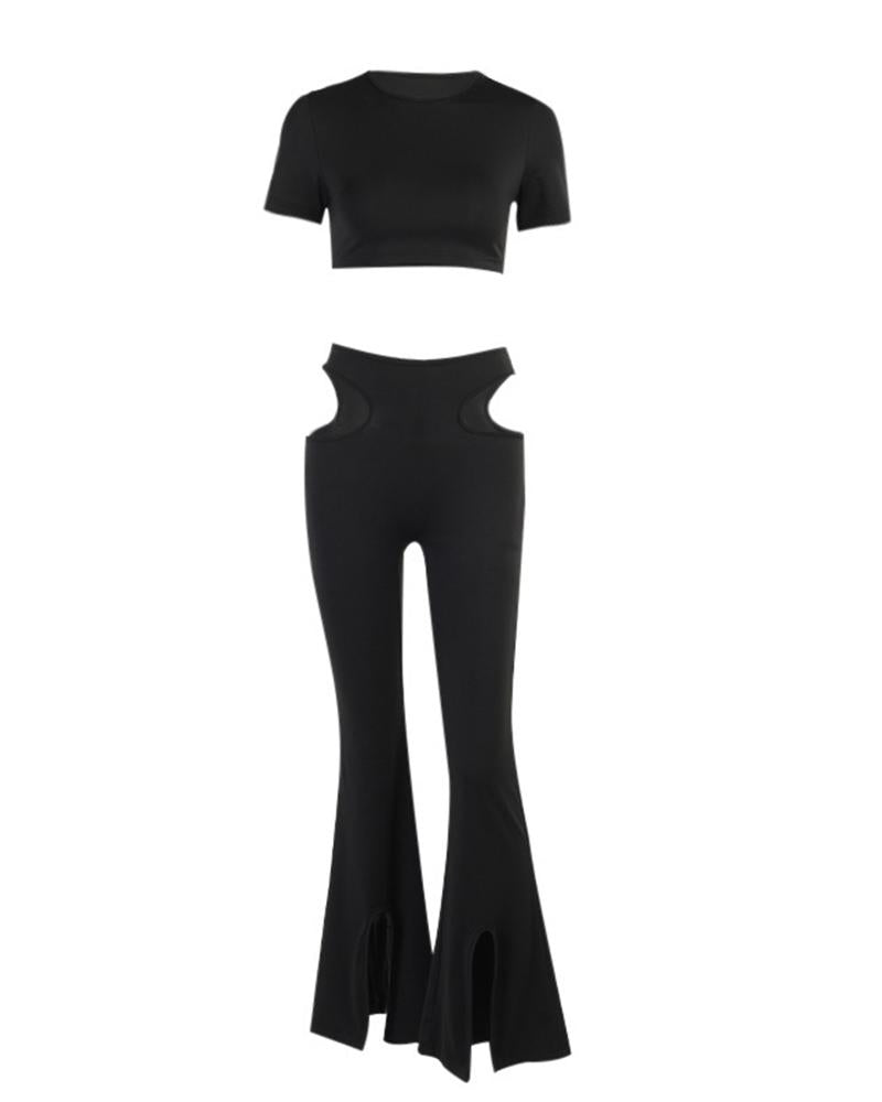 Solid Cut Out Split Hem Crop Tee & Pants Set-Pinkami