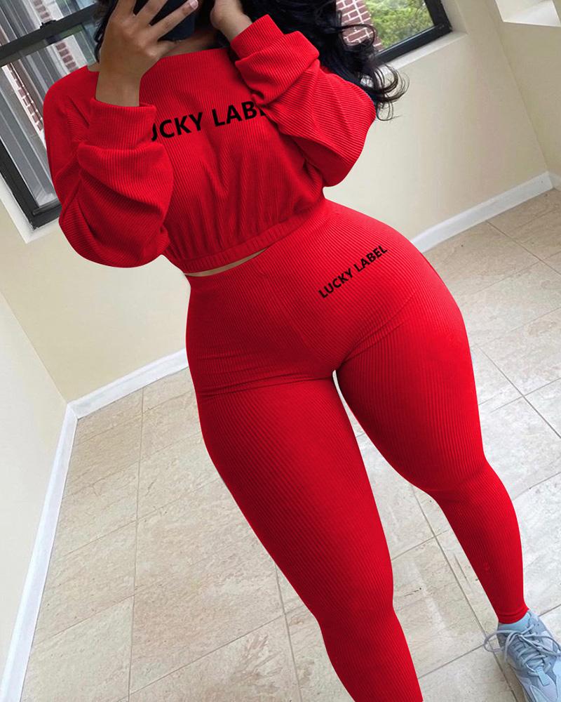 Letter Print Rib-Knit Crop Top & Pants Set-Pinkami