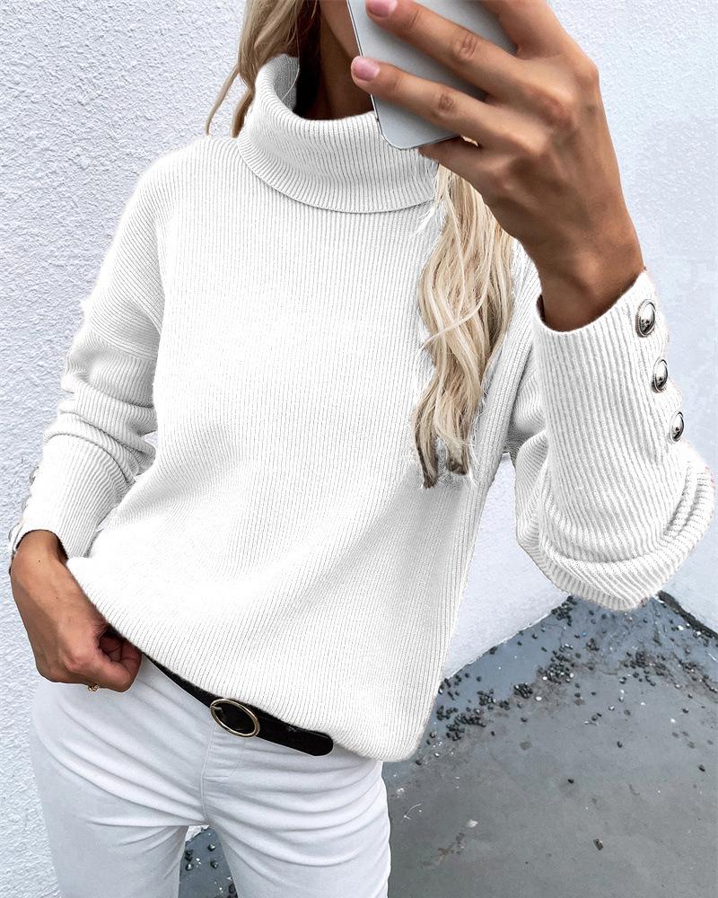 Rib Knit Turtleneck Button Trim Drop Shoulder Sweater