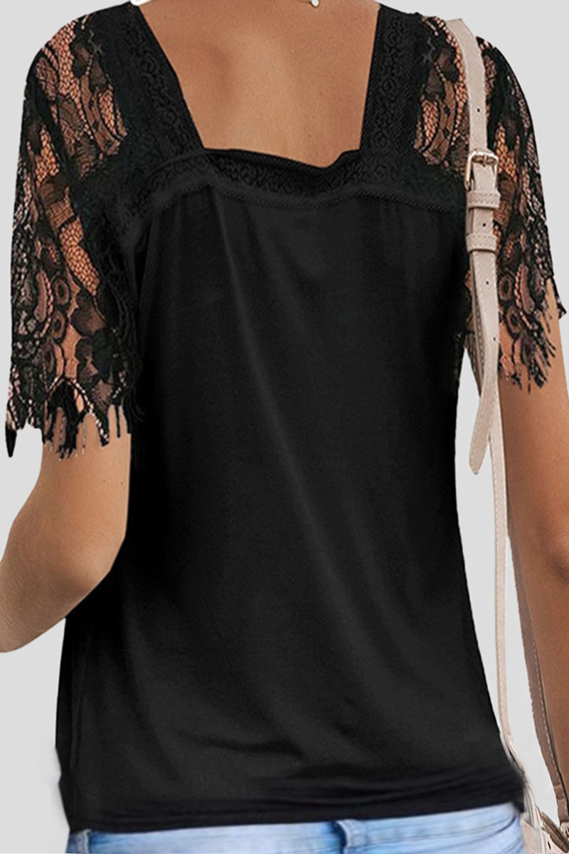 Floral Lace Hollow Out T-Shirt-Pinkami