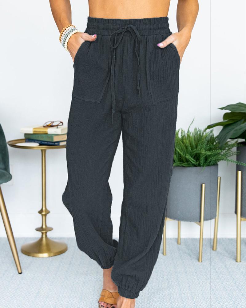 Solid Slant Pocket Drawstring Waist Joggers For Women-Pinkami