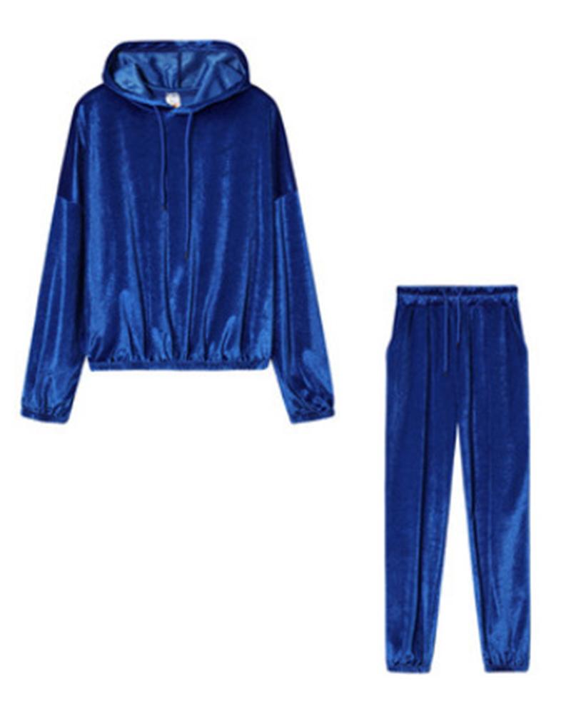 Solid Velvet Drawstring Detail Hoodie & Pants Set-Pinkami