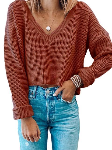 Solid Colored V-neck Pullover Short Sweater Jumper-Pinkami