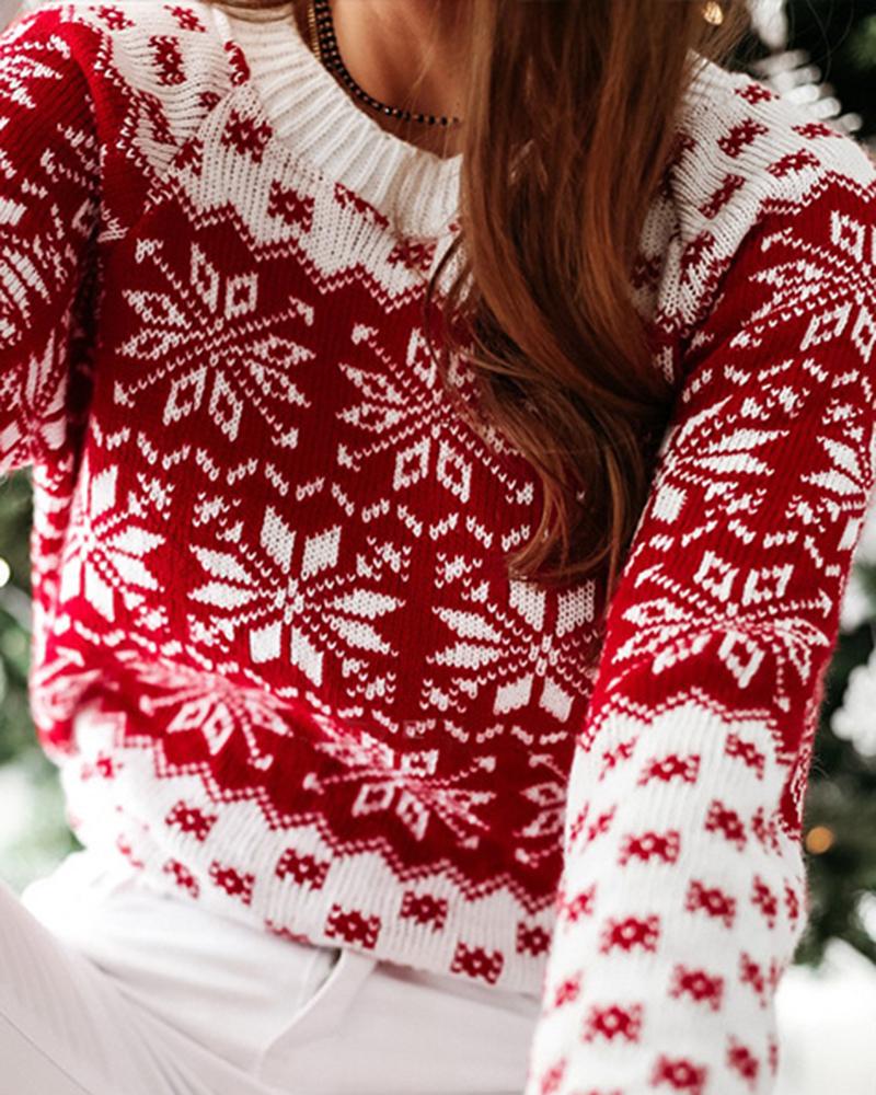 Snowflake Print Rib-Knit Round Neck Sweater-Pinkami