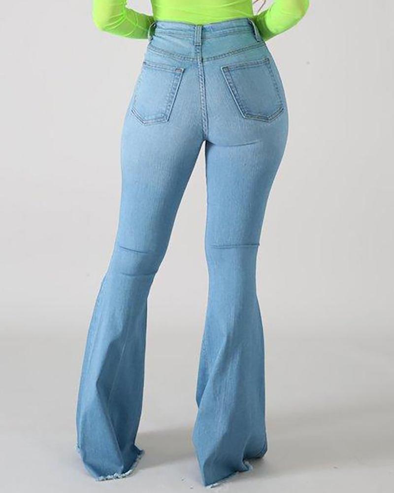 Women High Waist Ripped Flare Leg Jeans-Pinkami