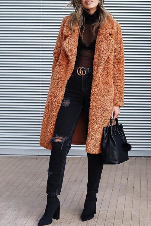 Casual Lapel Pocket Long Coat-Pinkami