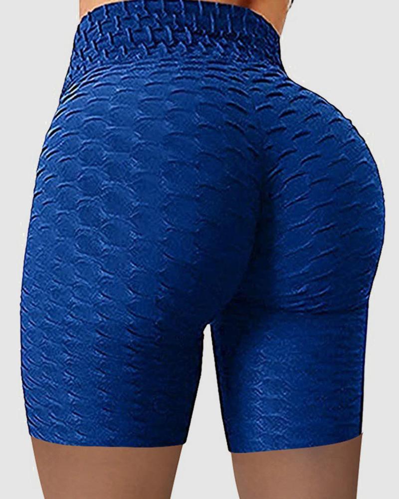 Solid Textured Wide Waistband Butt Lifting Sports Shorts-Pinkami