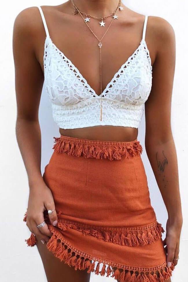 Boho Tassel High Waist Beach Mini Skirt-Pinkami