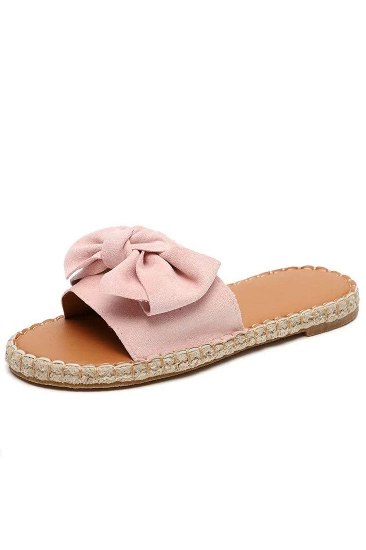 Suede Bowknot Flat Slide Sandals-Pinkami