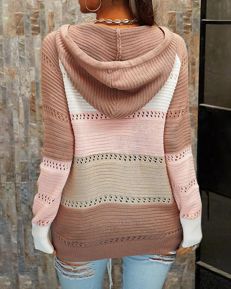 Colorblock Lace Up Pointelle Knit Hooded Sweater-Pinkami