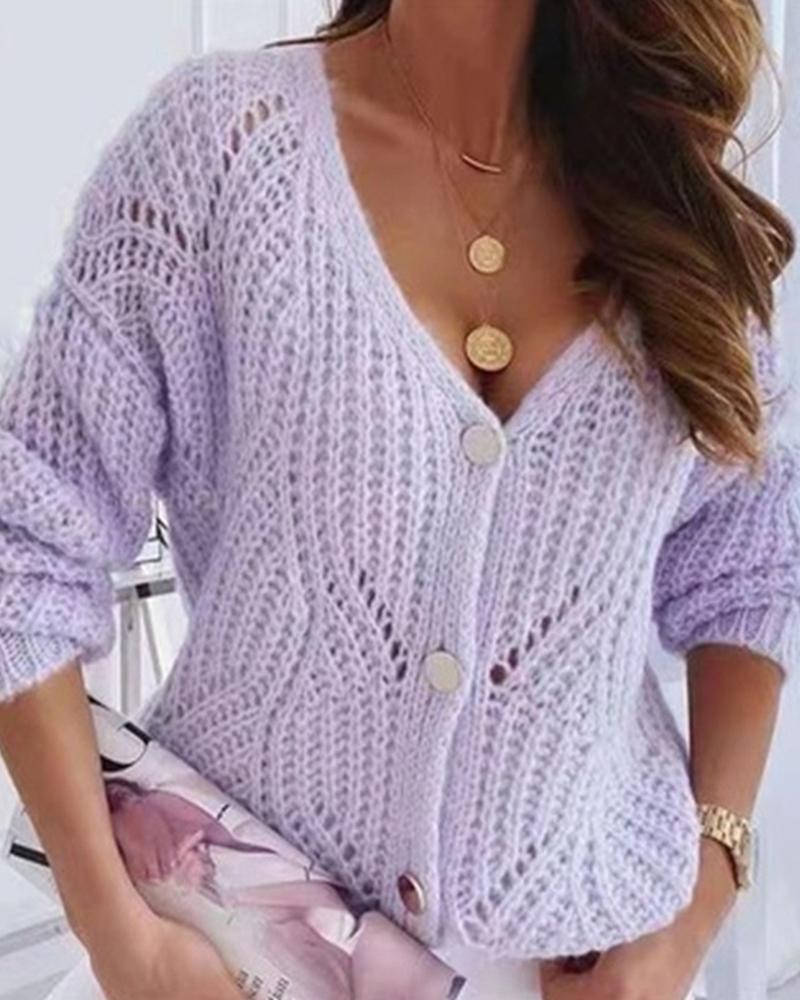 Button Detail Open Front Drop Bishop Sleeve Sweater-Pinkami