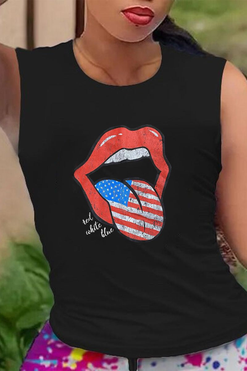 Lips & Flag Print Round Neck Tank Top-Pinkami