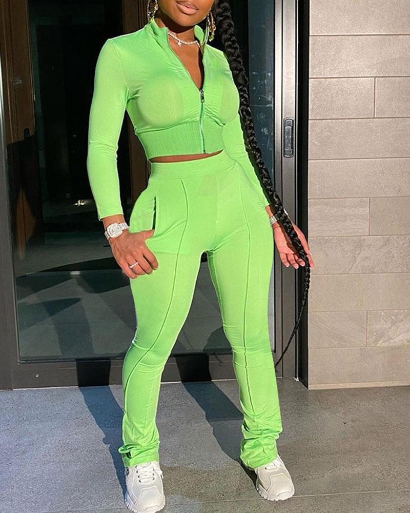 Solid Zip Up Stand Collar Top & Pants Set-Pinkami