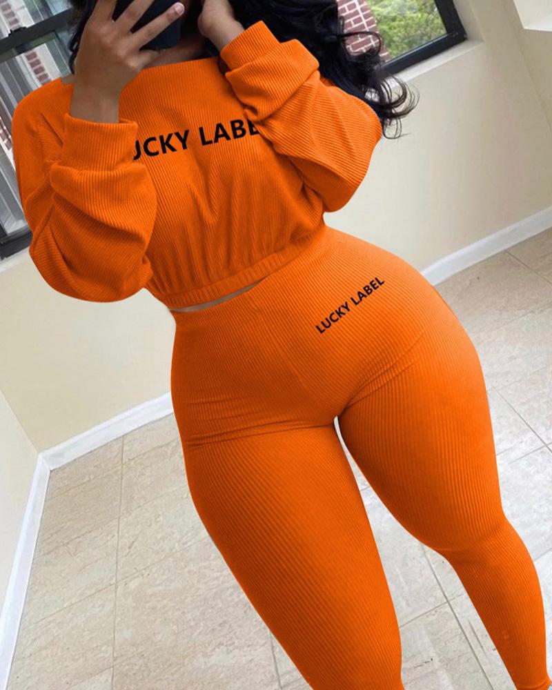 Letter Print Rib-Knit Crop Top & Pants Set-Pinkami