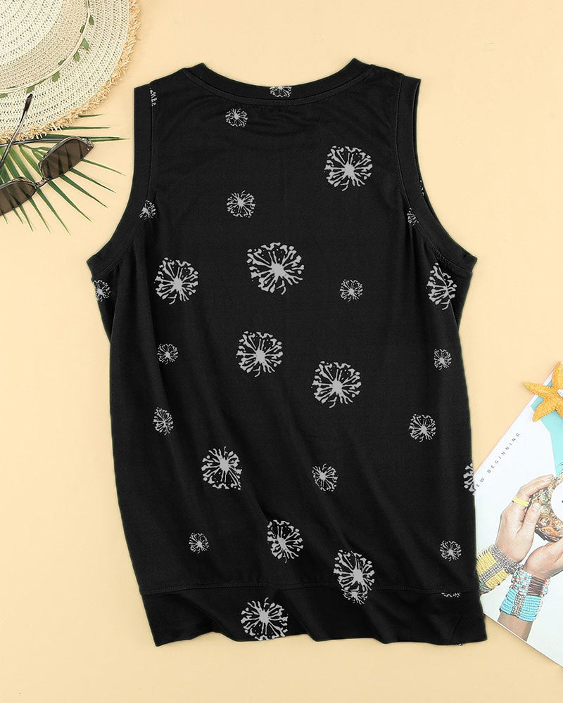 Dandelion Print Split Side Tank Top-Pinkami