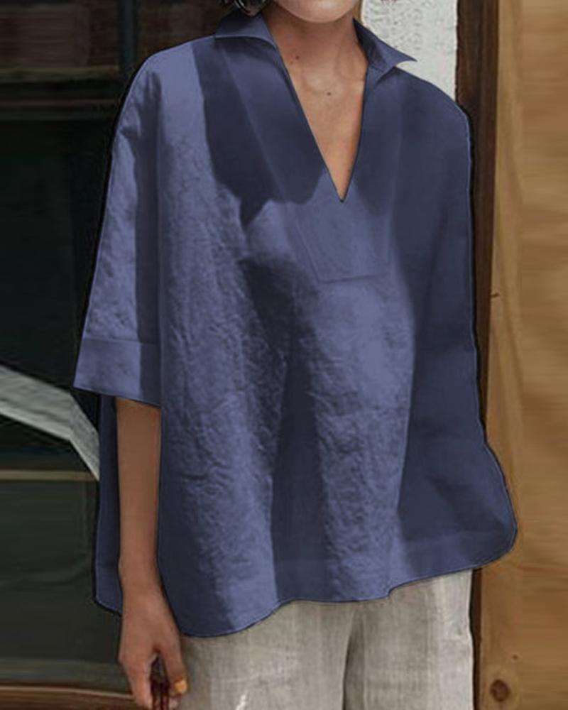 Linen V-Neck Loose Top-Pinkami