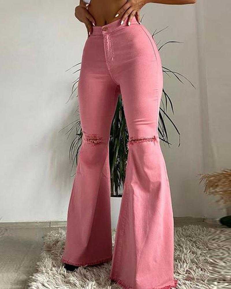 Women Solid Raw Hem Ripped Knee Flare Leg High Waist Jeans-Pinkami