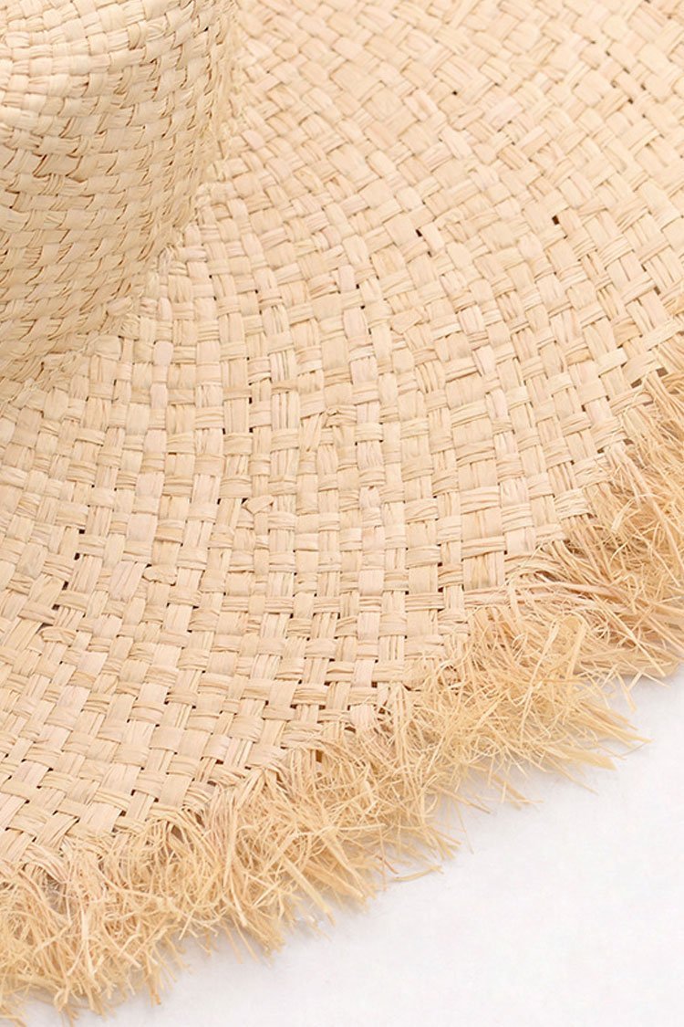 Frayed Stripe Strap Beach Straw Sun Hat-Pinkami