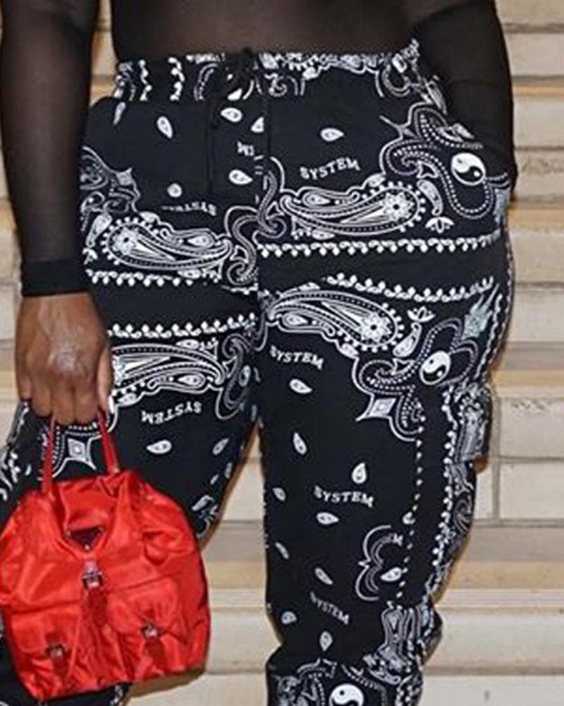 Patchwork Print Pocket Side Straight Leg Sports Pants For Women-Pinkami