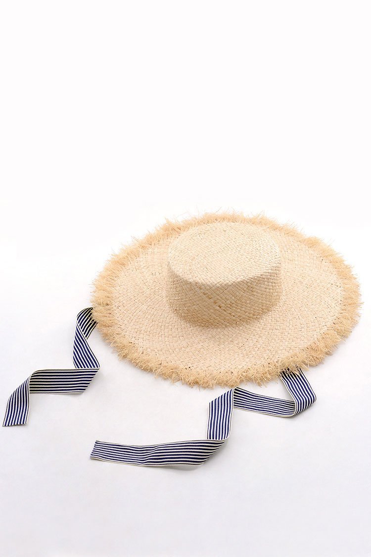 Frayed Stripe Strap Beach Straw Sun Hat-Pinkami