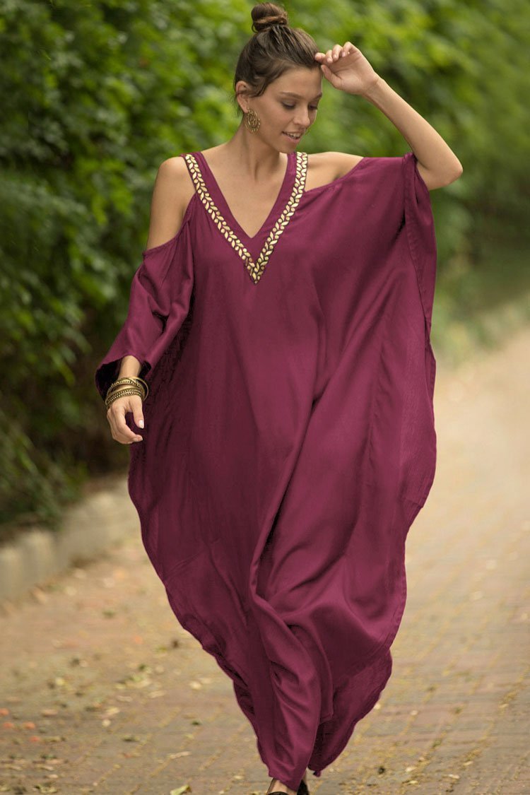 Leaf Embroidered V Neck Cold Shoulder Maxi Caftan Cover Up-Pinkami