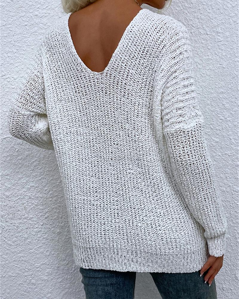 Solid Chunky Knit V Neck Sweater-Pinkami