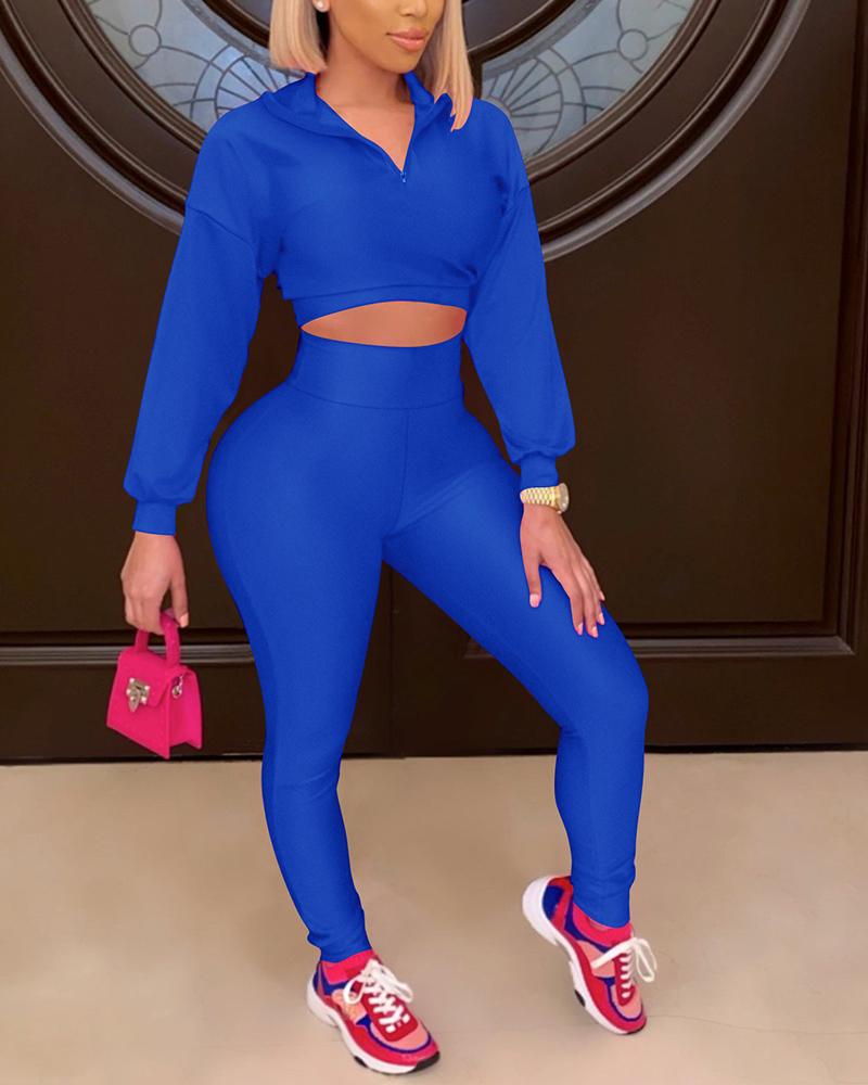 Solid Zip Front Crop Top & Skinny Pants Set