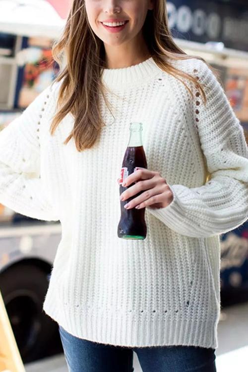 Round Neck Pullover Openwork Sweater-Pinkami