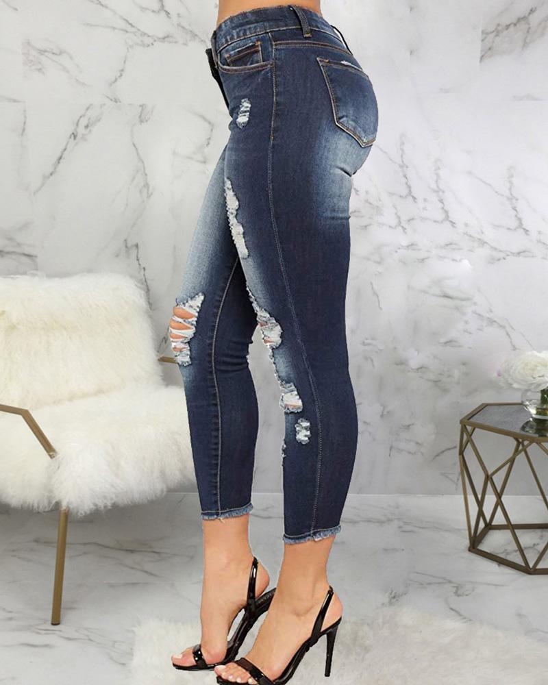 Women Distressed Mid Waist Cropped Jeans-Pinkami