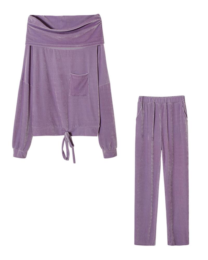 Solid Velvet Drawstring Boat Neck Top & Pants Set-Pinkami