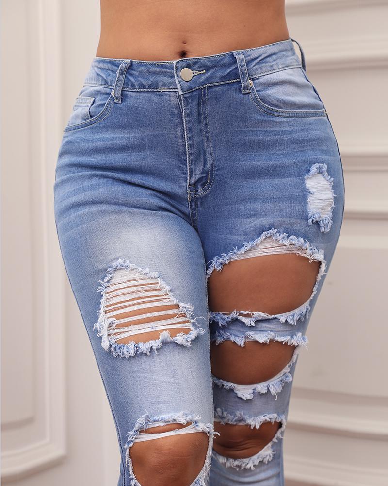 Women Distressed Frayed Hem Skinny Cropped Jeans-Pinkami