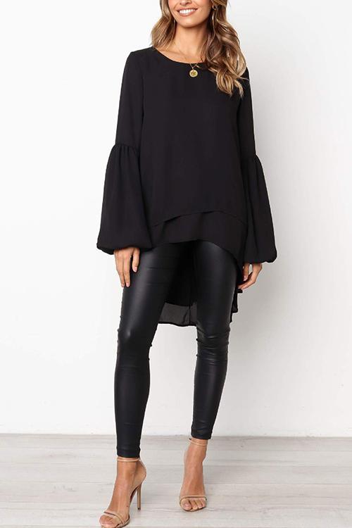 Puff Sleeve Lrregular Hem Solid Color Long Sleeve T-Shirt-Pinkami