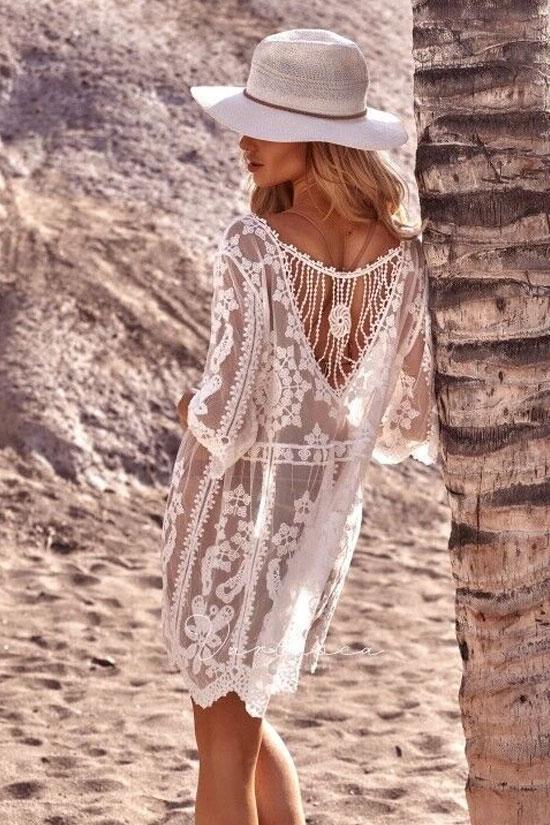 Sleeved Floral Lace Crochet Sheer Cover Up-Pinkami