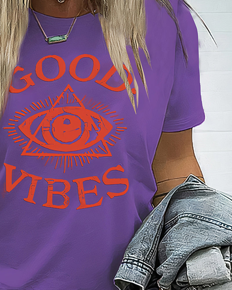 Letter & Eyes Graphic Round Neck T-Shirt-Pinkami