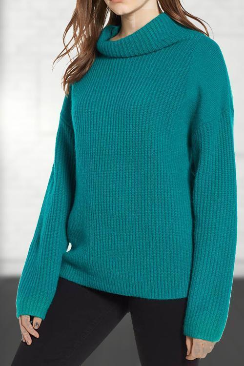 Solid Color High Neck Long Sleeve Sweater-Pinkami